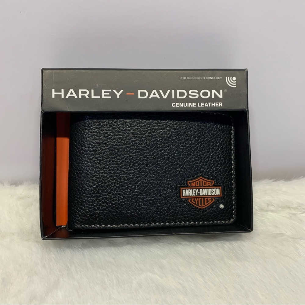 Harley Davidson Black Wallet Leather Geniune Bi-fold RFID Blocker Motorcycle